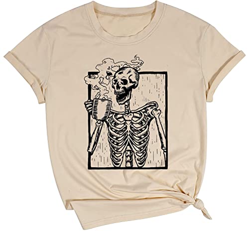 Hot Coffee Skeleton Shirt Women Halloween Skeleton Tshirt Funny Skull Graphic Tees Casual Fall Short Sleeve Tops