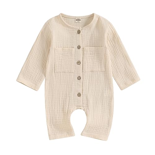 Image of Kurylemon Toddler Baby Long Sleeve Linen Romper Solid Color Button Jumpsuit with Pocket Newborn Infant Boy Clothes