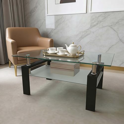 Double Tier Clear Glass Coffee Table, Rectangle Modern Sleek Center