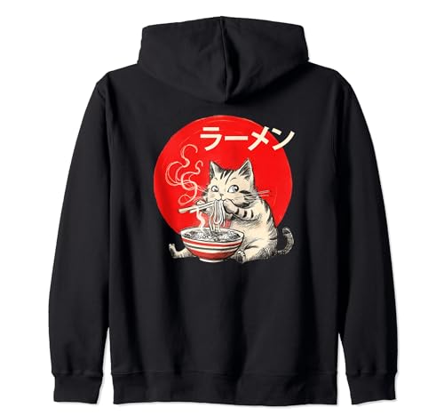 Gato Comiendo Ramen Fideos Japoneses Retro Hiragana Sudadera con Capucha