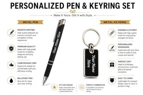 Image of Personalized Diary with Metal Pen & Keychain Combo Set, Black | Ideal Gift for birthday, anniversary, Rakhi, Diwali, Corporate gift for employees, Three piece combo for men and women