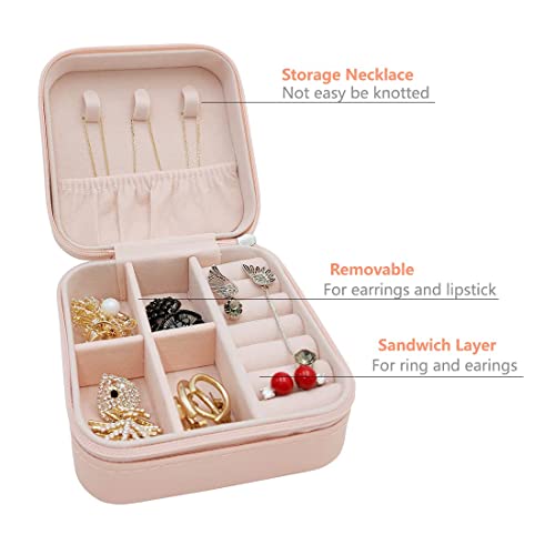 Image of TRODANCE Faux Leather Mini Jewelry Travel Case,Small Travel Jewelry Organizer, Portable Jewelry Box Travel Mini Storage Organizer Portable Display Storage Box For Rings Earrings Necklaces Gifts (Pink)