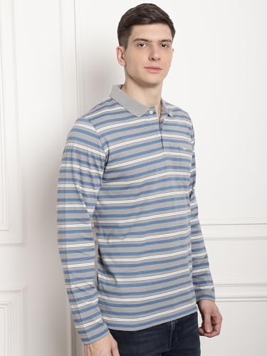 Image of Men's Cotton Full-Sleeve Polo Collar Striped T-Shirt
