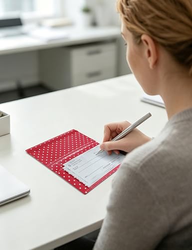 Image of Yarnic Checkbook Cover for Personal Checkbook Holder (Polka Red) | Checkbook Covers with Pen Holder & Built-in Clear Plastic Divider for Duplicate Checks