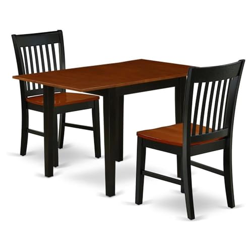 East West Furniture NDNO3-BCH-W Norden - Set di 3 pezzi per piccoli spazi, composto da un tavolo rettangolare con piega e 2 sedie da pranzo, 76 x 121 cm, colore: nero e ciliegia