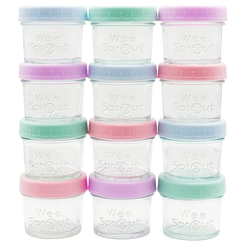 Image of WeeSprout Baby Food Storage Glass Jars w/Lids (4 oz, 12 Pack) Pastel Variety, Snack, Reusable Small Containers, Fridge or Freezer, Microwave & Dishwasher Safe, Essentials for Infants