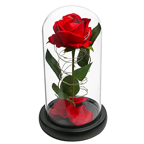 Childom Christmas Rose Gift for Women, Red Artificial Flower Rose Gift,Light Up Silk Rose Flower in Glass Dome, Women Birthday Xmas Gifts Idea for Christmas,Birthday(Red Warm, 5Inch*8.7Inch)