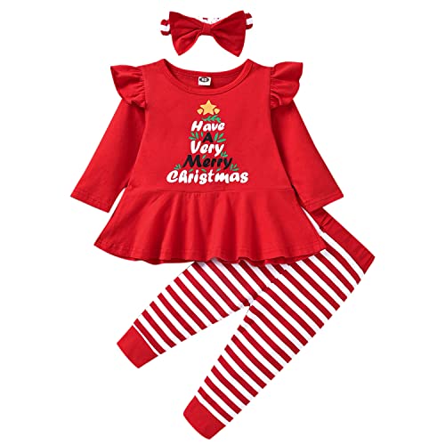 Image of HIHA Infant Toddler Baby Girl Christmas Outfit Ruffle Long Sleeve My First Christmas Dress Pants Clothes Set Plaid Santa Baby