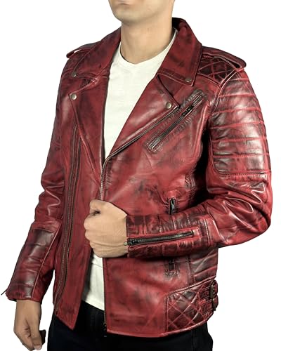 Men's Classic Red MJ11 Diamond Quilted Motorcycle Vintage Biker Style Moto Riding & Racing Leather Jacket3