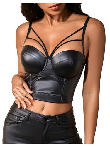 OYOANGLE Women's Pu Leather Cut Out Camisoles Strappy V Neck Backless Fitted Cami Crop Tops
