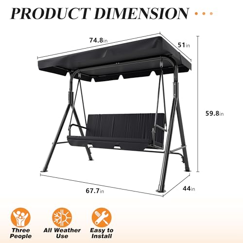 Image of 3-Seat Patio Swing Chair,Outdoor Porch Swing with Adjustable Canopy and Durable Steel Frame for Patio, Garden, Poolside (Black)
