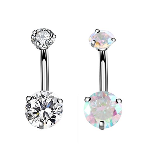 14G Surgical Steel Belly Button Rings Round Cubic Zirconia Navel Barbell Stud Body Piercing 2-6 Pcs (2 Pcs Clear+Colorful)