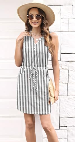Image of Womens Summer Casual Dresses Drawstring Waist Short Dress with Pockets