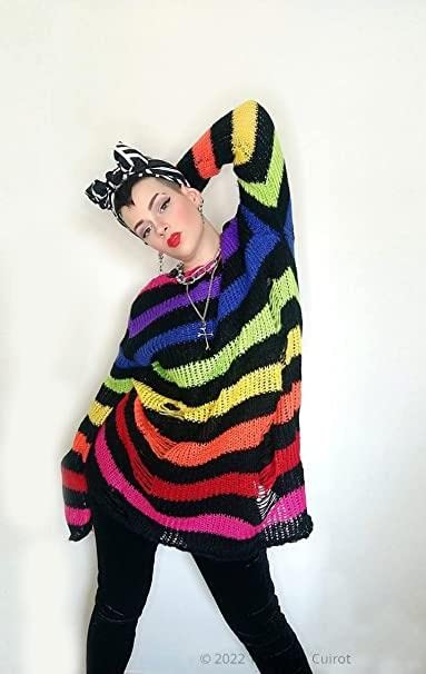 Image of Ro Rox Gothic Knitted Jumper with Distressed Look - Oversized Pullover Ripped Design, Loose Fit, 90s Grunge Stripe Pattern