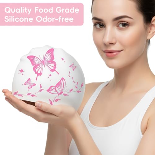 Image of Proberos Swimming Cap for Women & Girls, Waterproof Silicone, Pressure-Free Fit Swim Cap, Long Hair Swimming Head Cap, Wrinkle-Free Women Swim Pool Cap for Long Hair, Butterfly Prints