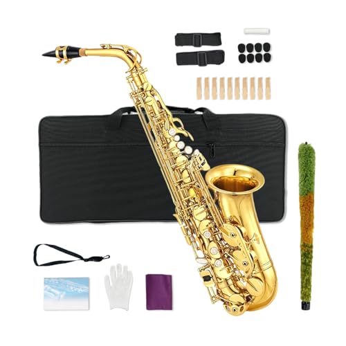 Vetimobato Student Alto Saxophone E Flat for Adults Beginner to Intermediate Eb Sax Kit Gold Lacquer Full Brass Instrument with Hard Case Mouthpiece 10 Reeds 8 pads Neck strap Cleaning Kit