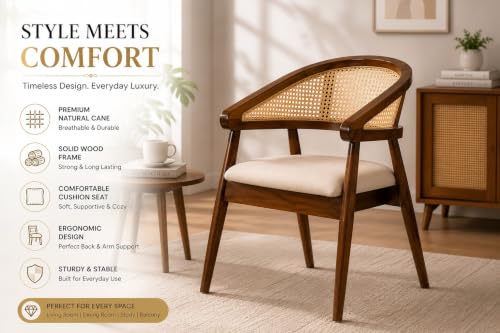 Image of Little eXtra Wooden Cane Dining Chair | Solid Wood Accent Chair with Handwoven Rattan Backrest | Modern Armchair for Living Room, Study & Cafe| 55 x 55 x 81 cm