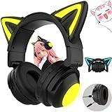 LYTDMSKY 猫耳ヘッドホン ゲーミングヘッドセット ワイヤレスヘッドホン Bluetooth5.0 猫耳イヤホン 可愛い 有線無線両用 3.5ｍｍ 伸縮式 折り畳み式 マイク内蔵 7色LEDライト 自由変換 USBポート搭載 ノイズキャンセリ PS5 /PC/FPS/パソコン 対応 子供/大人用 ゲーム用 男女兼用 在宅勤務 授業 入学式 誕生日 新年贈り物 日本語説明書付き（black）