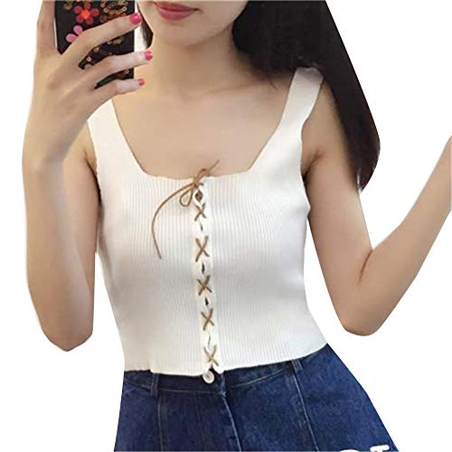 Women Solid Color Criss Cross Lace Up Cami Crop Topsole Slim Tank Top Sleeveless Undershirt Vest Knitted Cami Crop Top White