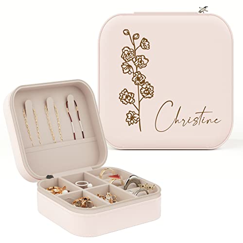 Personalized Jewelry Box - Custom Gifts for Women, Portable Small Travel Jewelry Case with Birth Flower & Name, Bridesmaid Gifts, Wedding Gifts, Gifts for Birthday Anniversary for Women Mom Girls