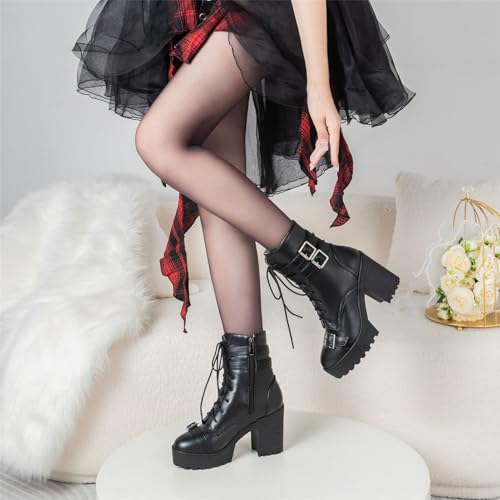 Image of FOREADA Goth Boots Chunky Heel Boot For Women Ankle Combat Booties Black Platform Bootie Buckle Rivets Punk Goth Shoes With Zipper