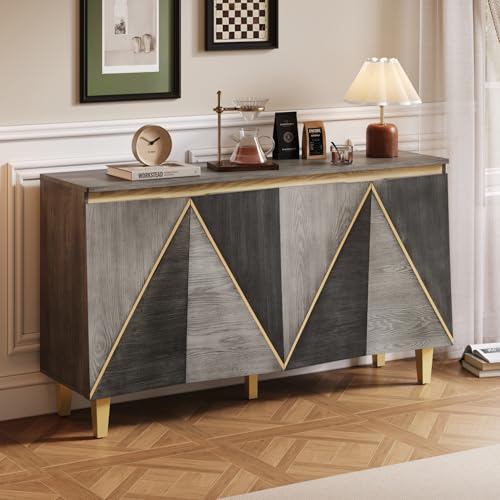 60" Retro Buffet Cabinet with Storage Solid Wood+MDF Dark Gray/Light