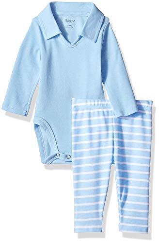 Hanes Ultimate Baby Flexy 2 Piece Set (Pant with Long Sleeve Polo Bodysuit), Light Blue Stripe, 12-18 Months