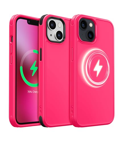 MobNano Magnética Silicona Funda iPhone 14, iPhone 13 Case [Compatible con Magsafe][2 Sets Bumpers] Carcasa para iPhone 14 13 Completa Protectora Antigolpes Antiarañazos Capa   Rosa Neón