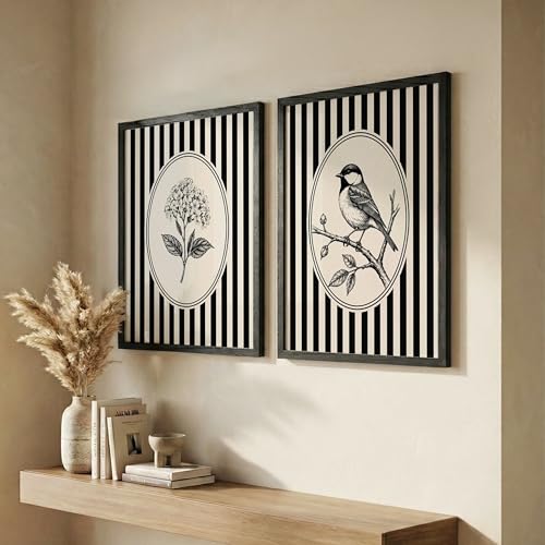 Image of NoWorries Vintage Botanical Bird & Floral Wall Art Prints Set of 2, Black and White Striped Gallery Wall Decor, Minimalist Farmhouse Bird Illustration, Framed Nature Artwork for Living Room Bedroom Office (Art-2, 25x37inch)