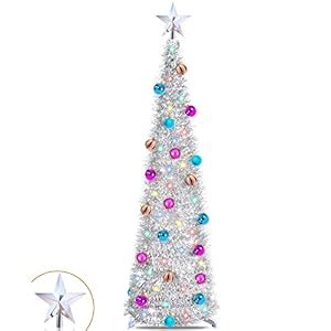 5 Ft Lighted Bling Christmas Pencil Tree with Timer 25 Ball Ornament 50 Color Lights 3D Star Battery Operated,Glitter…