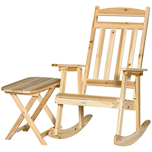 Outsunny - Conjunto de jardín (2 piezas, estilo acogedor), diseño de silla mecedora + mesa auxiliar plegable, madera de abeto, macizo,