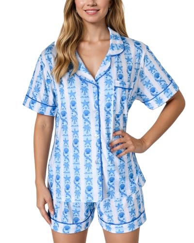 Pajamas for Womens Set Summer 2 Pece Pjs Matching Shorts Set Loungewear Palm Sleepwear for Beach Vacation Holiday Blue