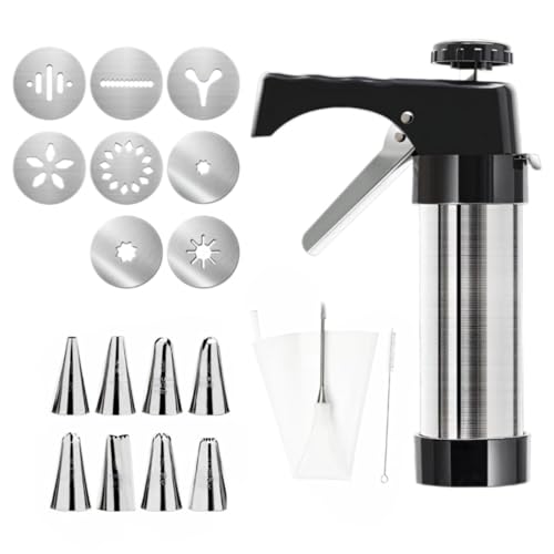 Packool Churro Maker Machine Kit Churro Gun with 8 Decorative Discs & 8 Piping Tips Stainless Steel Cookie Press Gun Kit with Piping Bag Dessert Making Tool Set