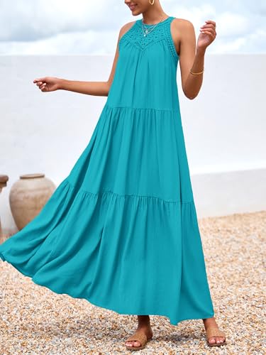 Image of BTFBM Halter Summer Dresses for Women 2026 Casual Spring Hollow Out Sleeveless Boho Sundresses Beach Vacation Maxi Dress