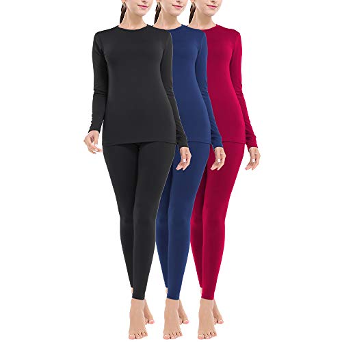 MANCYFIT Thermal Underwear for Women Long Johns Set Fleece Lined Ultra Soft 3 Pack Black/Red/Blue Large