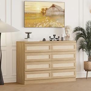8 Drawer Double Dresser for Bedroom, Rattan Chest of Dressers, Modern Wooden Dresser Chest, Beside Table for Closet, Nursery, Living Room and Entryway, Natural 8 Drawer Double Dresser for Bedroom Rattan Chest of Dressers Modern Wooden Dresser Chest Beside Table for Closet Nursery Living Room and Entryway Natural
