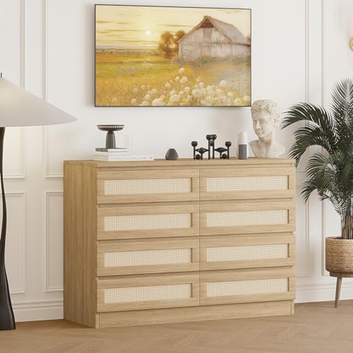 8-Drawer-Double-Dresser-for-Bedroom-Rattan-Chest-of-Dressers-Modern-Wooden-Dresser-Chest-Beside-Table-for-Closet-Nursery-Living-Room-and-Entryway-Natural 8 Drawer Double Dresser for Bedroom Rattan Chest of Dressers Modern Wooden Dresser Chest Beside Table for Closet Nursery Living Room and Entryway Natural
