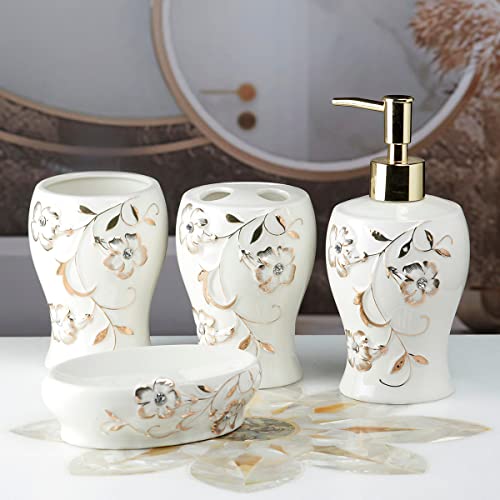 Image of Kookee Ceramic Bathroom Accessories Set - 4 Piece Bath Kit with Soap Dispenser, Toothbrush Holder, Tumbler & Soap Dish - Modern Decor, White /Gold (10094)