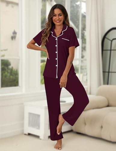 Image of HNG Women Pajamas Set 2 Piece Button Up Pajamas Pant and Short Sleeve Shirt for Woman Pj Sets with Pocket