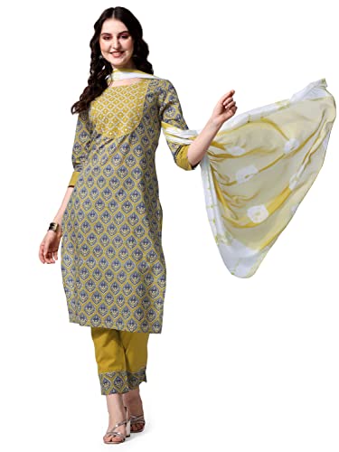 Image of MIRCHI FASHION Pure Cotton Women Straight Print & Thread Embroidery Kurti Set with Dupatta & Pant