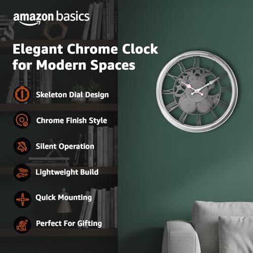 Image of Amazon Basics Plastic Wall Clock with Chrome Finish, Skeleton Dial Design, Lightweight & Durable, 30.5 cm Diameter x 4.3 cm Width, Ideal for Indoor Decor - Silver