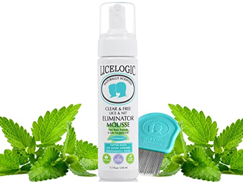 LiceLogic Lice & Nit Eliminator Mousse Treatment Kit Made with Natural LICEZYME - 2 Piece Kit for Super Lice and Egg Treatment with Sturdy Stainless Steel Tooth Reusable Nit Comb