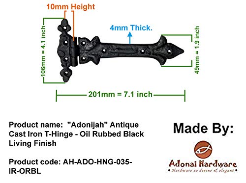 Image of Adonai Hardware Adonijah Antique Cast Iron Strap T Hinge (7.9 inch x 12 Pack, Oil Rubbed Black Living) for Barn Doors, Gates, Kitchen Cabinets, Sheds, Wooden Box, Furniture, Chest and Trunks
