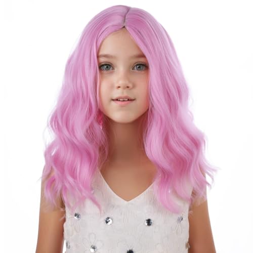 PATTNIUM Kids Light Pink Wig Girls Short Wavy Pink Bob Wig Heat Resistant Synthetic Hair Wigs for Cosplay Party
