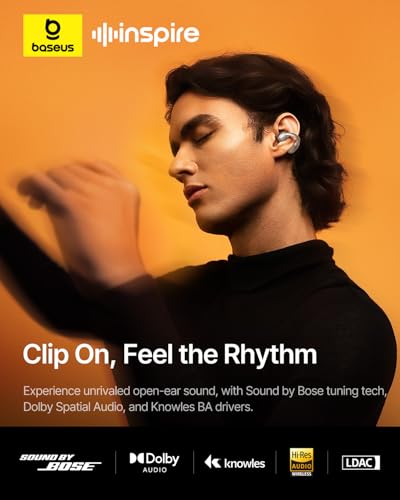 Image of Baseus Inspire XC1 Open Ear Clip-On Earbuds, Sound by Bose, Dolby Audio, Adaptive Tunning Sound, Hybrid 2-Way Driver, Zero-Sense Air Cushion, 4-Mic Adaptive Clear Calls, IP66 Waterproof, 40H Playtime