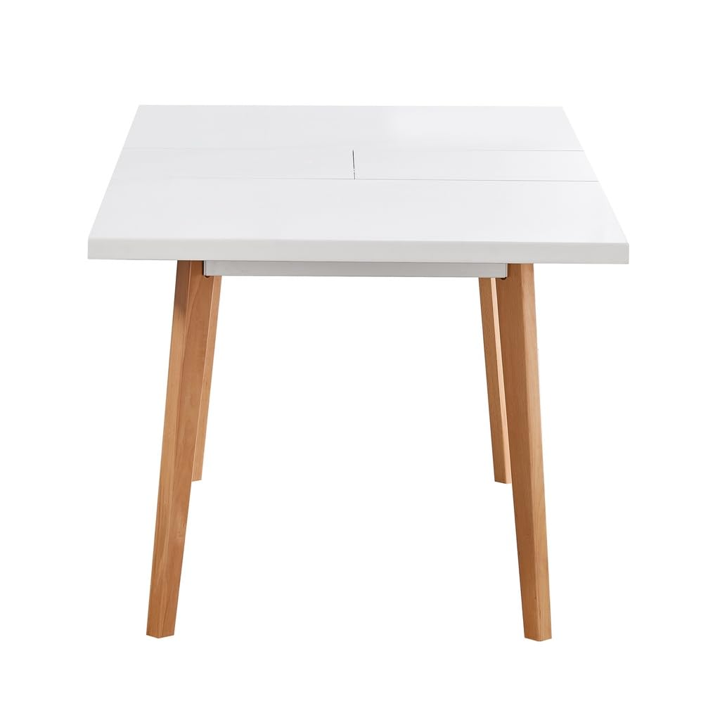 Mesa de Comedor Extensible Blanca Estilo Nórdico con Patas de Madera de Roble – 140/180x90x75 cm – Diseño Moderno y Elegante con Tapa Lacada en MDF