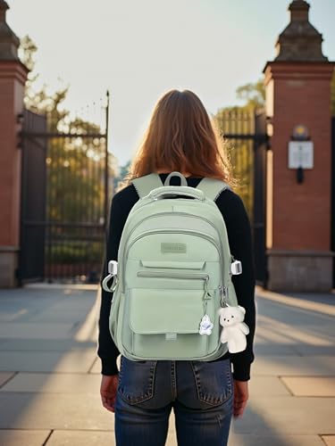 Image of PRLINJSK Girls Backpack for College High Middle School Student, Cute Aesthetic Bookbag for Teens Women with Accessories,Green