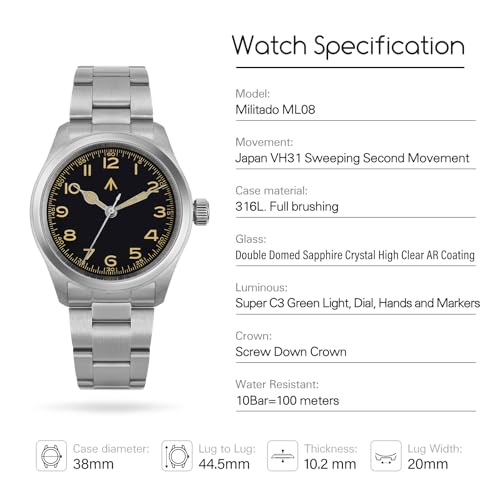 Image of TACTICAL FROG Militado ML08 Field Watch Japanese Sweep VH31 / 515 Movt with Calendar, Men's Military Watch Sapphire Crystal 10 ATM Waterproof Analog Watches for Men