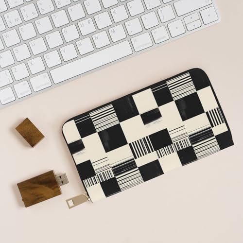 Leather Thin Slim Wallets for Women Men - Fashion Abstract Black White Print Card Wallet Holder with Zipper4