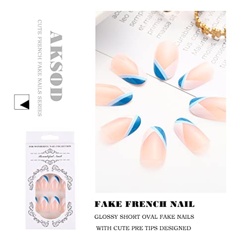 Aksod Glossy Oval Press On Nails Short Almond Fake Nails Pre Designed Cute V Shape French Nails Tips Full Cover Acrylic False Nails Sets For Women And Girls 24Pcs (C) #TOP4